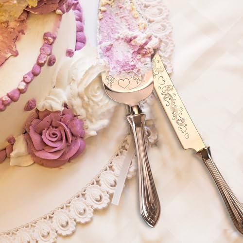 KSENDALO 2 Pcs Elegant Wedding Cake Cutting Set, SUS304 Stainless Steel Rose Gold