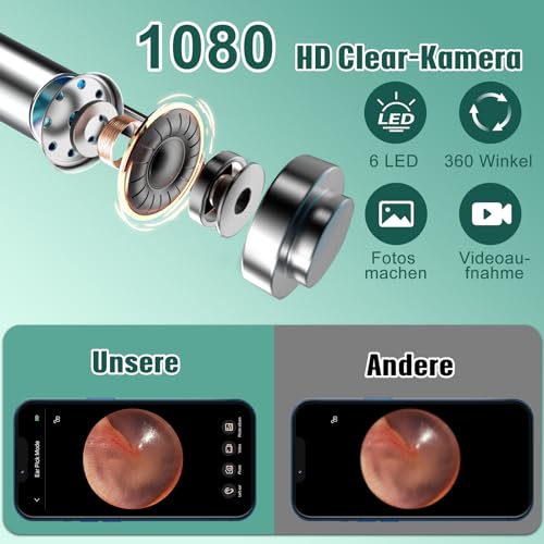 Earwax Remover Otoscope, LMECHN 1080P Ear Cleaner with 6 LEDs, Wifi Ear Cleaner with 6-Axis Gyroscope, IP67 Waterproof Ear Cleaning for iPhone, Android, iPad, Black