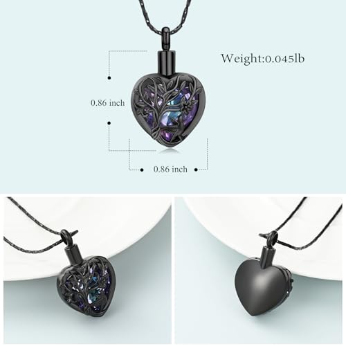 Imrsanl Tree of Life Cremation Jewelry Crystal Heart Urn Necklace Black-Purple