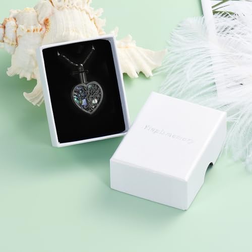Yinplsmemory Tree of Life Cremation Jewelry for Ashes with Abalone Shell Heart Urn Ashes Keepsake Necklace for Women Ashes Holder Black