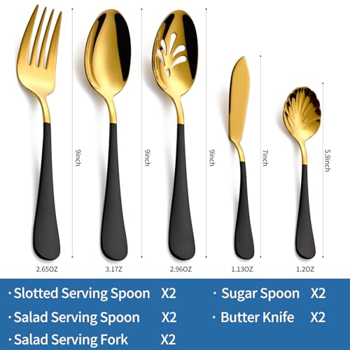 10-Piece Black & Gold Flatware Serving Set, 18/0 Stainless Steel Colorful Handle, Includes Serving Fork, Solid & Pierced Serving Spoon,Sugar Spoon,Butter Knife,Mirror Polished,Dishwasher Safe