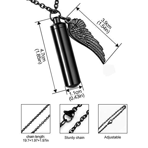 Dletay Cylinder Cremation Urn Necklace for Ashes Memorial Keepsake Pendant with Angel Wing Stainless Steel Remembrance Jewelry non-engraving Black-L