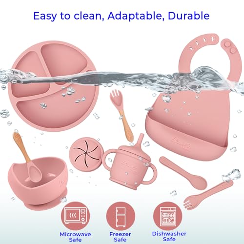 Silicone Baby Feeding Set, 14PCS, Baby plates and bowls Set - Silicone Bibs Pink