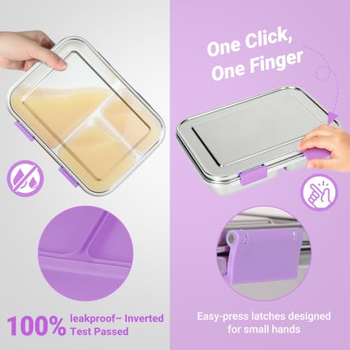 MaMix Stainless Steel Bento Lunch Box for Kids & Adults - Leakproof 4.4 Cup Lunch Container with 3 Compartments for School & Travel -Dishwasher Safe, BPA Free (purple) Purple