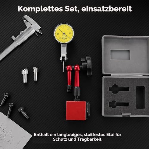 Lever Dial Gauge with Magnetic Holder 0-0.8 mm, Precision Dial Gauge 0.01 mm Accuracy | Robust lever test indicator in red, flexible magnetic stand for lathe & milling machine, shockproof testing device for workshop
