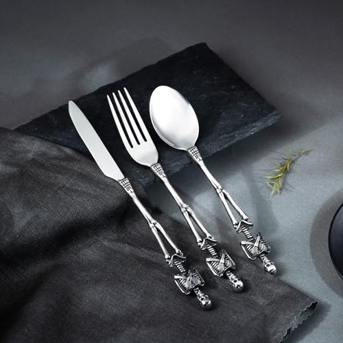 HZMAN Gothic Skull Flatware: Dinner Knife, Dinner Fork, Soup Spoon & 3-Piece Place Setting, Stainless Steel Cutlery Set for Home Kitchen, Halloween Table Decor Knife, Fork, and Spoon