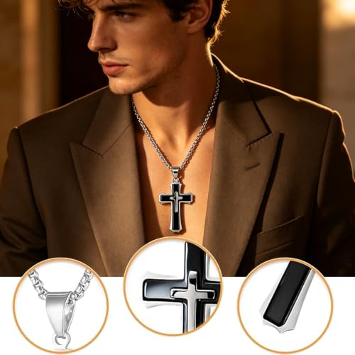 Mens Cross Necklace, Stainless Steel 3D Layered Cross Pendant Chain for Men