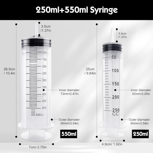 Samulee Syringe 250 ml + 550 ml, Set of 2 Syringes with Hose | Dosing Syringe, Large Syringe for Engine Oil, Laboratory, Animal Feeding, Garden, Scientific Research 250ml+550ml