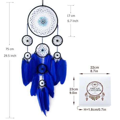 Blue Evil Eye Dream Catcher Wall Decor, Jiyamony Dreamcatcher Hanging Pendant for Home Protection and Blessing Decor with a Car Accessories Evil Eye Charm Gift Blue