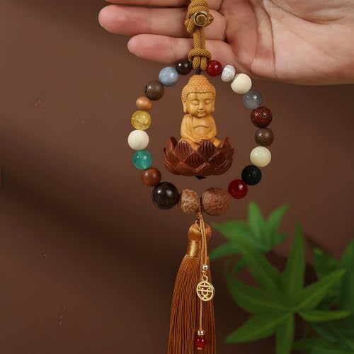 Traditional Chinese Fengshui Boxwood Buddha with Lotus Statue, Car Rearview Mirror Pendant, Lucky Protection Amulet, Home Hanging Ornament Decor (Yellow) Yellow