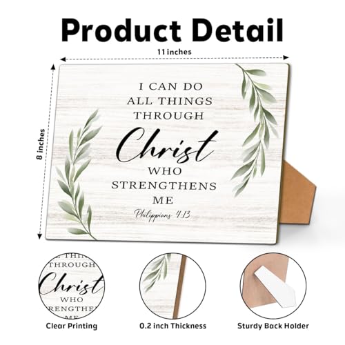 Bible Verse Philippians 4:13 - I Can Do All Things Through Christ Who Strengthens Me Sign, Home Bedroom Office Desk Decorations Jesus Decor, 8x11 Inch Greenery Wooden Sign with Stand-24