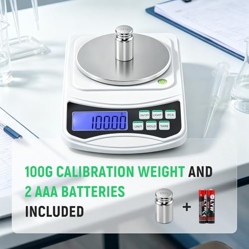 Antstone digital precision scale with 0.01g accuracy, 1000g capacity, calibration weight, and batteries