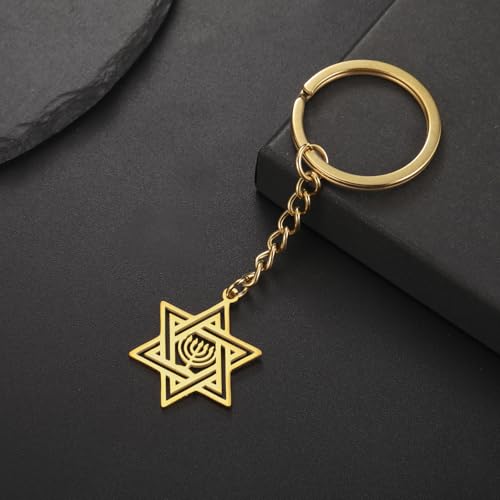 VASSAGO Star of David Keychain for Women Men Jewish Star Menorah Keyring Stainless Steel Hanukkah Keychain Israel Religious Jewelry Gold