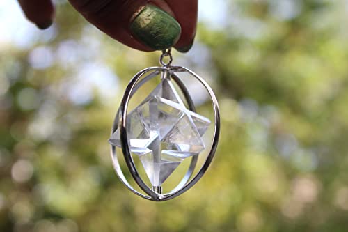 Jet Energized Clear Quartz Spinning Star Merkaba Pendant for Meditation - Energetic Tetrahedron, Healing, Spiritual Growth Approx. Size 1 Inch