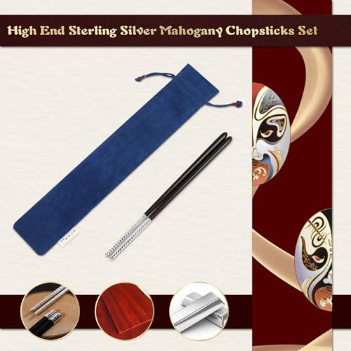Handmade Rose Wood Chopsticks Sterling Silver Mahogany Luxury s999 Silver Chopstick High-Grade Non Slip Chinese Chopsticks with Hand-made Cloth Bag
