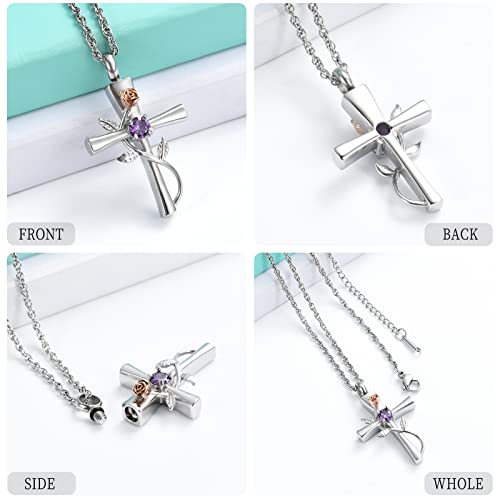shajwo Cross Urn Necklace for Ashes Birthstone Rose Flower Cremation Jewelry for Women Gilrs Keepsake Memorial Ashes Pendant Purple