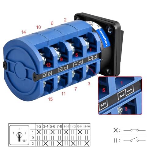 Heschen Universal Rotary Cam Selector Changeover Switch SZW26-63/D404.4 660V 63A ON-OFF-ON 3 Position 4 Phase 16 Terminals,Suitable For Manually Switching AC Circuits
