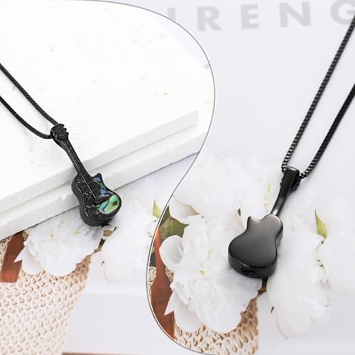 XSMZB Guitar Urn Necklace for Ashes for Women Men Abalone Shell Cremation Jewelry Human Pet Ashes Keepsake Pendant for Guitar Players Black