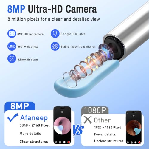 Ear Wax Remover, 8MP HD Ear Cleaner with Camera and 6 LEDs | IP67 Ear Cleaner, WiFi Otoscope Compatible with Android/iOS, 8 Replacement Attachments, for Children & Adults