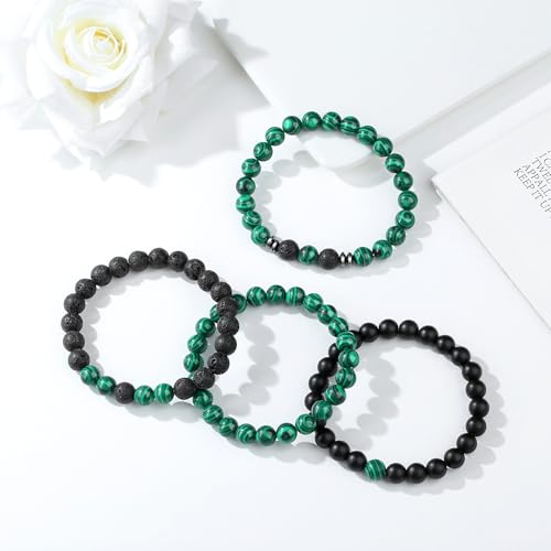 Mens Beaded Bracelets, 8MM Beaded Bracelets for Men, Natural Tiger Eye Bead Bracelet, Stretch Elastic Beads Bracelets for Men 4 volcanic malachite black