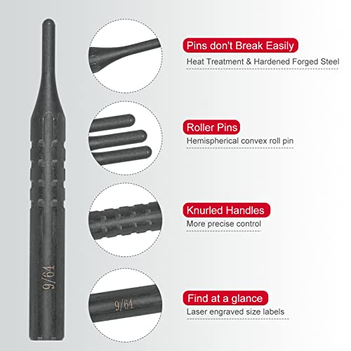 Pridefend 8-piece roll pin punch set with solid steel punches and bench block for machinery repair