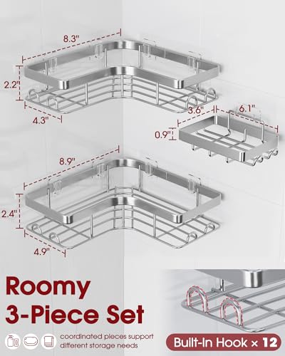 Sakugi large corner shower caddy 3-pack with soap holder and hooks, silver stainless steel bathroom organizer for shower storage