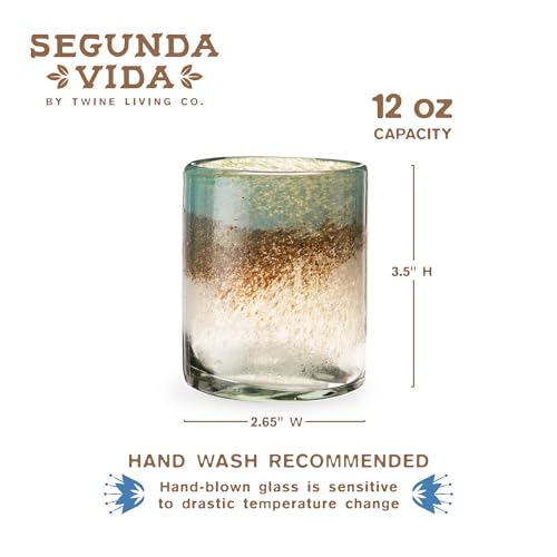 Segunda Vida Playa Bonita Hand-Blown Tumblers, Recycled Drinking Glasses, Coastal Inspired Sea Blue and Sand Design, Mexican Glassware, Decorative Drinkware for Home Bars, 10 oz, Set of 2 Modern