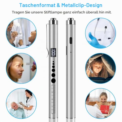 Flintronic Upil Light Medicine, 1 Piece Diagnostic Light with Digital Display, Pupil Meter and Ruler, Rechargeable USB LED Pen Lamp for Nurses, Students, Doctors (Silver) Type-c-silver-1 Piece
