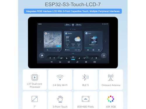 Waveshare ESP32-S3 7 Inch Capacitive Touch Display Development Board, ESP32 with 800 x 480 Resolution 65k RGB 7 Inch LCD Screen, 5-Point Touch, Supports WiFi and Bluetooth