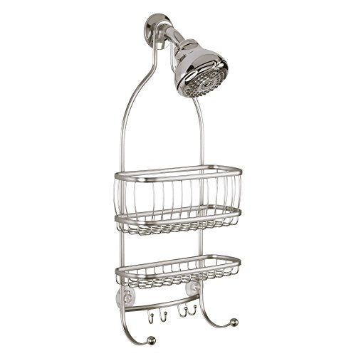 iDesign York metal wire hanging shower caddy in satin silver with multiple shelves for bath essentials.