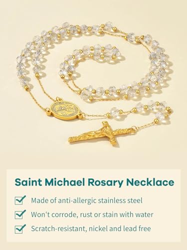 Supcare Rosary Beads Catholic Necklace for Women, Archangel St Michael/Christopher/Mary Cross Pendant Necklaces Stainless Steel/Gold/Black, With Gift Packaging st.michael-white