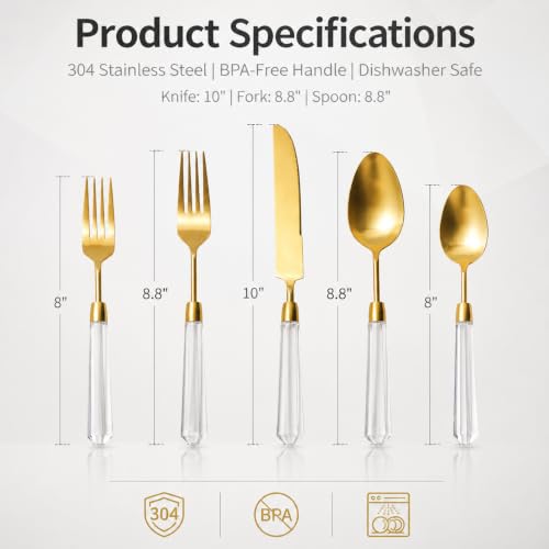 Gold Flatware Set, 5-Piece Gold Silverware Cutlery Set with Transparent Acrylic Handle, Diamond Shape 304 Stainless Steel Matte Knife Fork Spoon, Dishwasher Safe for Home Wedding Hotel