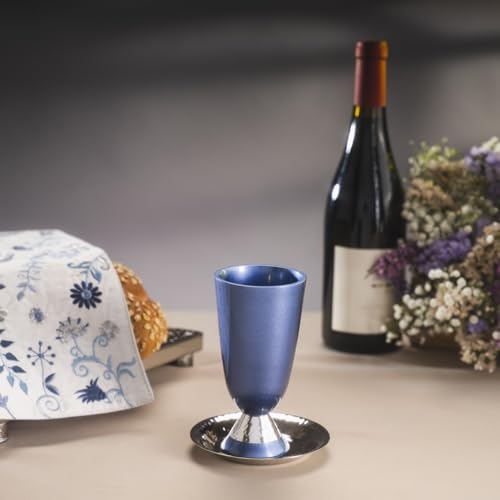 EMANUEL Yair Kiddush Cup in blue anodized aluminum with hammered finish, designed for Kiddush ceremonies.
