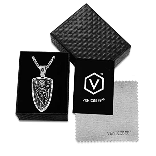 VENICEBEE® Archangel St. Michael Saint Medal Pendant Protection Cross Sword Shield Christian Sacramental Necklace Solid 925 Sterling Silver + Black Velvet Pouch, Polishing Cloth, Fine Gift Box