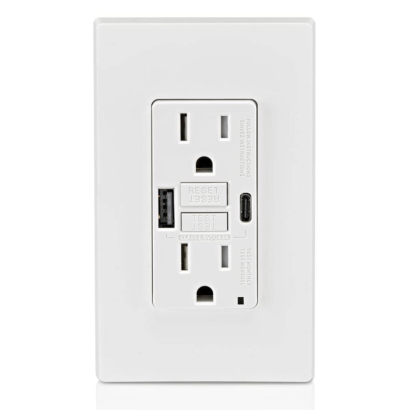 [Australia - AusPower] - Leviton GUAC1-W 15A SmartlockPro Self-Test GFCI Combination with Type A & Type-C USB In-Wall, USB Charger for Smartphones and Tablets, White Type A/C USB w/GFCI 