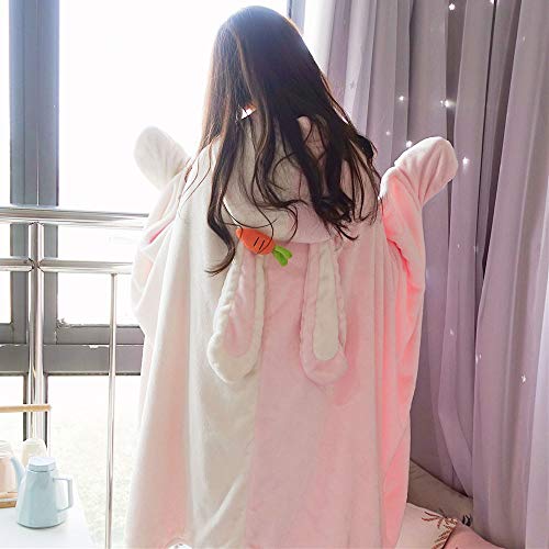 Cute Bunny Super Soft Hooded Shawl Lolita Warm Comfy Fleece Wearable Blanket (Pink White) Pink White