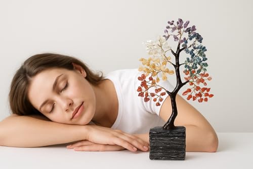 CREATIVE LEATHER ART 7 Chakra Crystal Tree with Raw Black Tourmaline Base - Gemstone Bonsai Money Tree for Good Luck & Protection