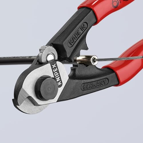 KNIPEX 95 61 190 SBA wire rope cutters with red and blue handles, viewed against a white background