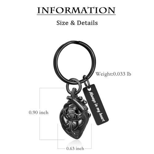 zeqingjw 3D Anatomical Heart Urn Necklace for Ashes, Cremation Jewelry Memorial Pendant for Human and Pet, Stainless Steel Funeral Keepsake Chain for Loved Ones Black-Keychain