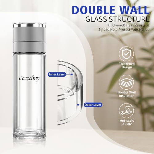 16oz Glass Tea Infuser Bottle, One-Hand Open Double Wall Glass Silver 16oz