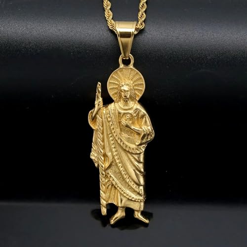 925 Sterling Silver Religious San Judas Tadeo Pendant Necklace 14K Yellow Gold Saint Jude Pendant cadena de san judas tadeo para hombre St San Judas Pendants Saint Jude Necklace for Women and Men 70cm