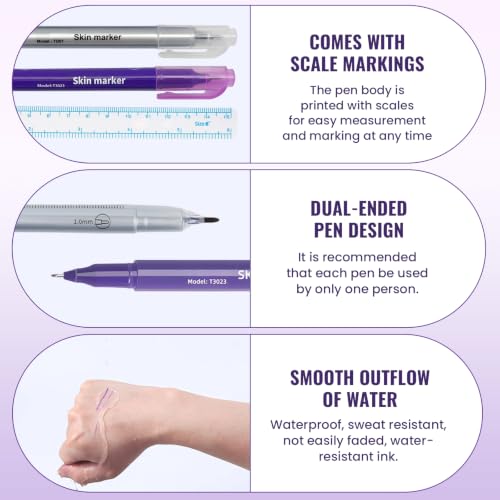 Pack of 9 Tattoo Pens, Skin Marker Pen with 9 Rulers, Waterproof, Double-Sided Tattoo Pen, Tattoo Piercing Positioning Pen for Skin, Eyebrows and Lips (Purple)