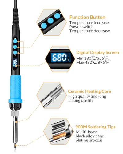 Soldering Iron Set, 100 W High Performance Soldering Iron, Quick Heating, Digital Temperature Display & Precise Control 180°C - 500°C, Portable Soldering Kit with Protective Cap & Automatic Sleep Mode Blue