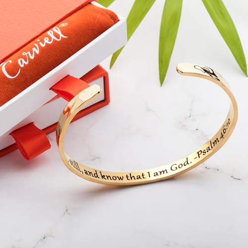 Carviell Bracelets for Women – 100+ Meaningful Engraved Messages – Solid 316L Surgical Stainless Steel Cuff Bracelet – Gift Ready CHRISTIAN Gift - Be still, and know that I am God – Psalm 46:10