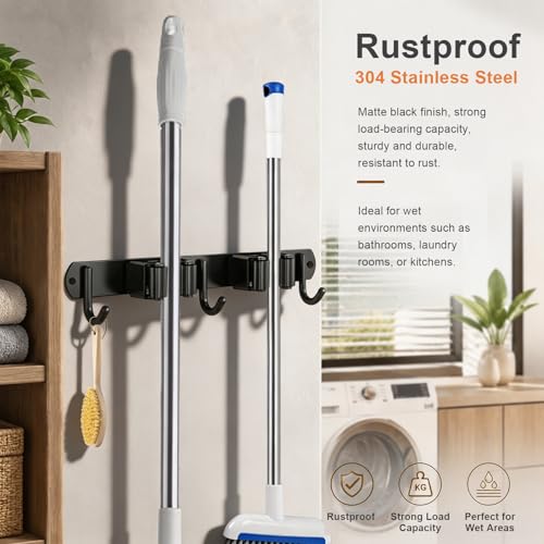 Pack of 2 Broom Holder Wall Self-Adhesive Stainless Steel (Black) - For Mop, Scrubber & Hand Brush - Adhesive or Screw Attachment - 2 Clips + 3 Hooks - Storage for Home, Garage 2 clips, 3 hooks (2 pieces) Black