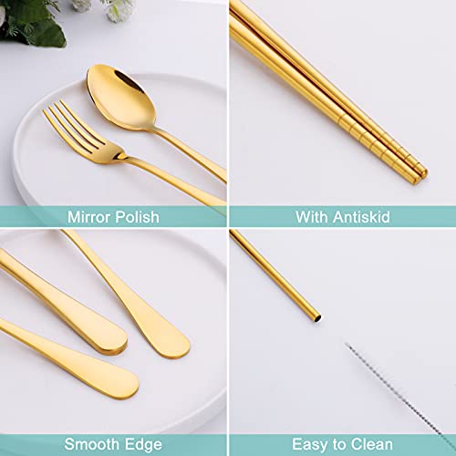 Reusable Travel Utensil Set With Case (Gold), Travel Cutlery Set, Portable Camping Silverware Set, Portable Stainless Steel Flatware Set 8-Piece, Dishwasher-Safe Gold