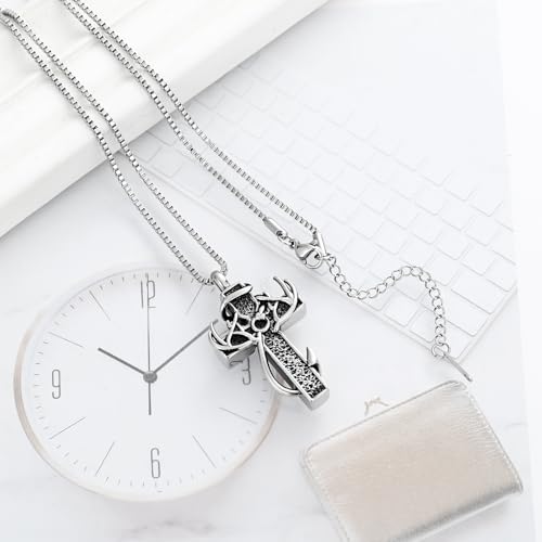 XSMZB Cross Cremation Jewelry Urn Necklace for Human Ashes Fish Hook Memorial Urn Pendant Deer Antler Cross Ashes Holder Keepsake Jewelry Silver-Black