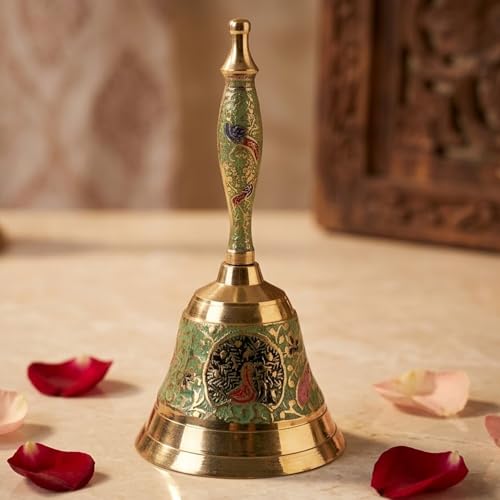 LoveNspire Decorative Brass Peacock Bell for Pooja (6.5 Inch) - Traditional Indian Ghanti for Home, Mandir, and Housewarming | Ideal for Diwali, Christmas, and Spiritual Temple Décor White