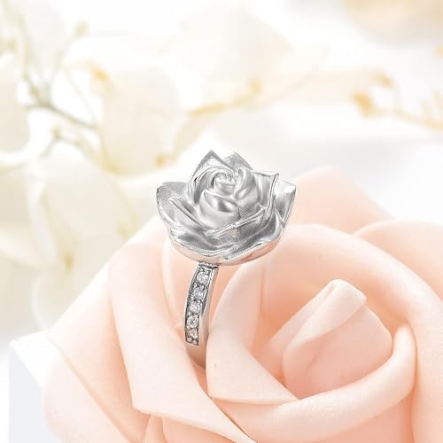 Urn Ring for Ashes Rose Flower Cremation Jewelry Crystal Ashes Ring for Women Stainless Steel Rose Flower Keepsake Memorial for Ring Gifts 8#