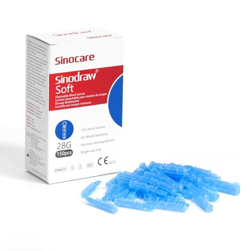 Sinocare Lancets 28G Pack of 150 Low Pain & Sterile | 28G ultra thin needles, individually sterile packed, safety cap, compatible with most lancetting devices